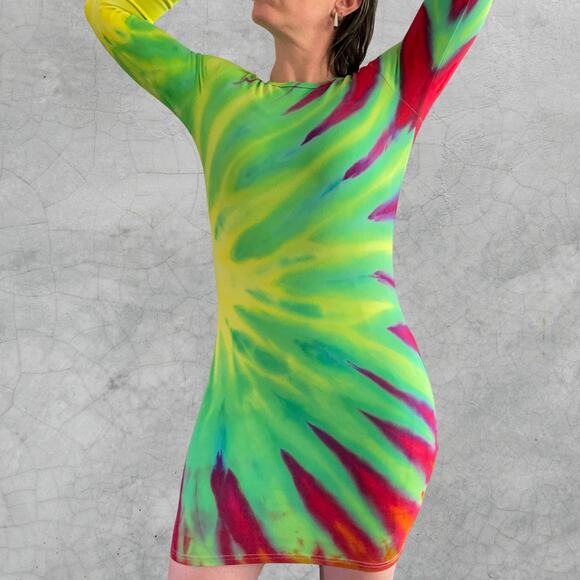 Ice Dyed Long-sleeve Dress - Tie Dye Hippie Boho Drippy Rainbow (Women's Medium) - Picture 3 of 10